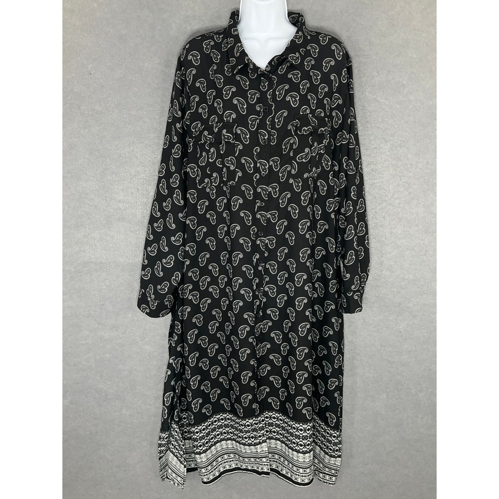 Roaman's Women's 22W Black Paisley Print Long Sleeve Button Down Shirt Dress